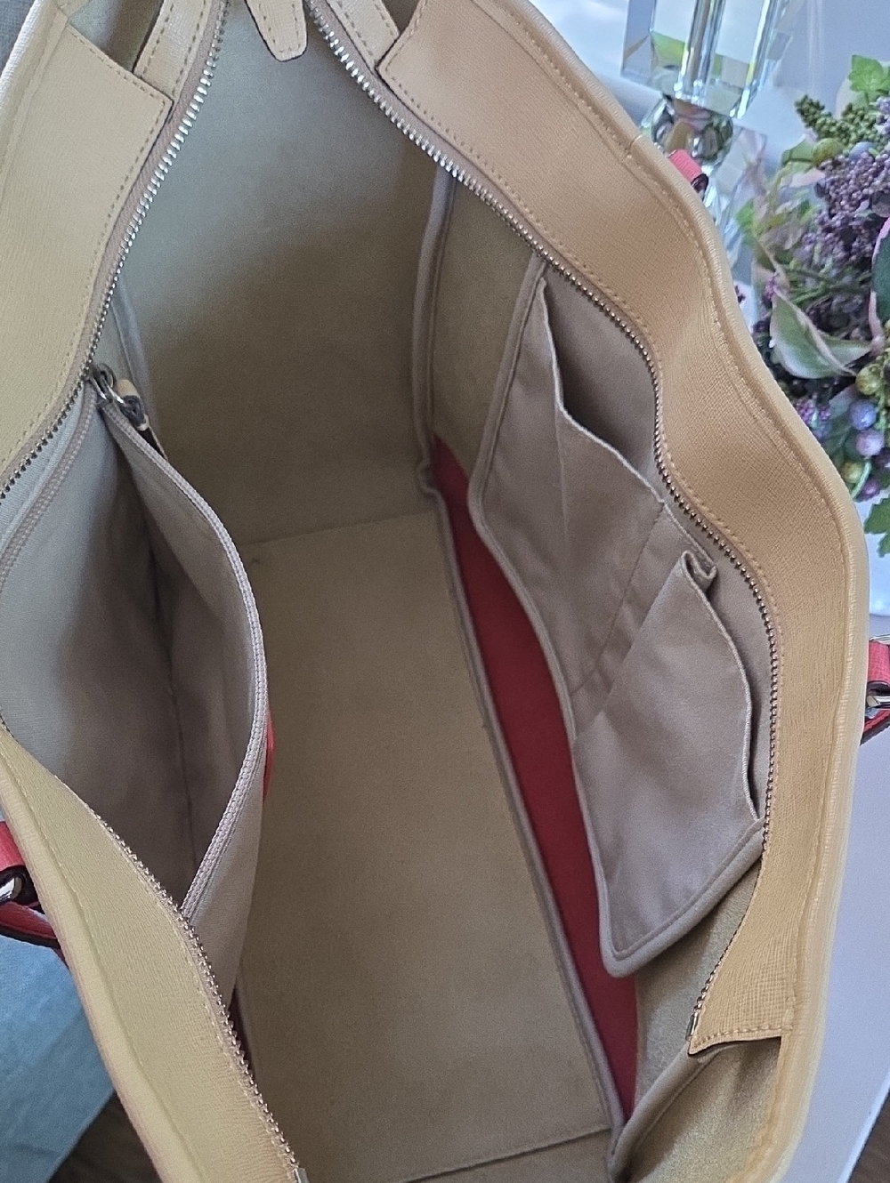 COACH Tan & Coral Pink Saffiano Leather Tote - Picture 14 of 16